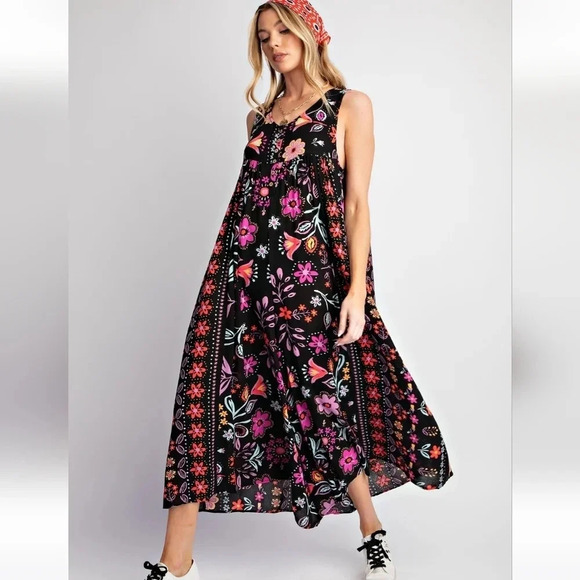New! Easel Black Floral Wide Leg Jumpsuit - Picture 2 of 4